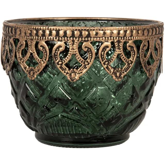 Clayre & Eef Waxinelichthouder Ø 10x8 cm Groen Glas