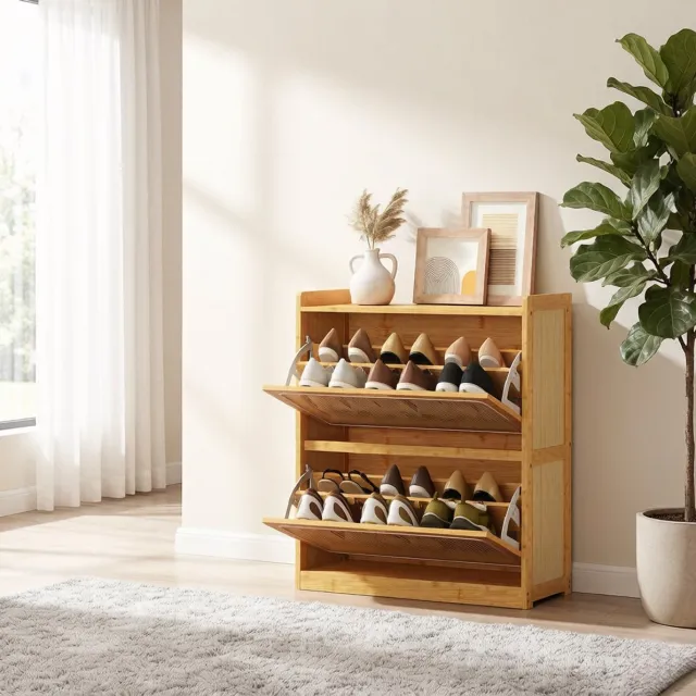 STILVORA Schoenenkast Bamboe 69 x 29 x 83 Cm – 2 Kleppen Met Verstelbare Planken – Naturel – Smalle Opbergkast Voor Hal En Gang – Anti Kantelband Natural