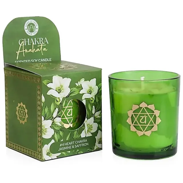 Phoenix Import Mani Bhadra Soja geurkaars Anahata chakra jasmijn & saffraan – Ø7 cm x 8 cm groen