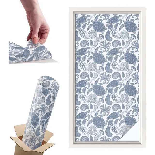 TULUP Raamfolie Anti inkijk - Oceaanleven Privacy Folie Raam - 50x100 cm - Blauw Anti inkijk Folie - Raamfolie Tegen inkijk Glas in Lood - Voor de badkamer, slaapkamer, hal - Raamfolie Zonwering Blauw - Oceaanleven