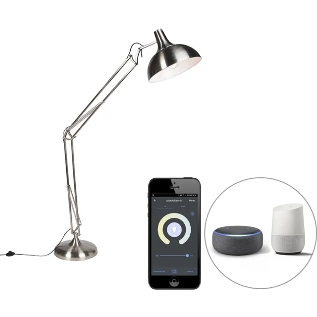 QAZQA hobby fl - Moderne LED Smart Vloerlamp | Staande Lamp incl. wifi - 1 lichts - H 180 cm - Staal - Woonkamer | Slaapkamer Staal Smart LED