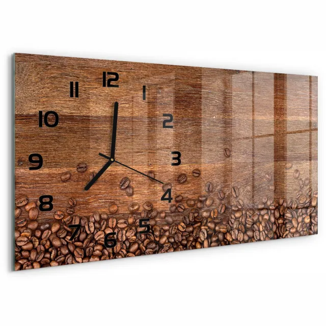 TULUP Wandklok - Koffiebonen Glazen Klok Met Print - 60x30 cm - Bruin Wandklok Glas Met Motief - Zwarte handen - Rechthoekige Klok - Wandklok Glas Decoratie - Gekleurde Glazen Klok