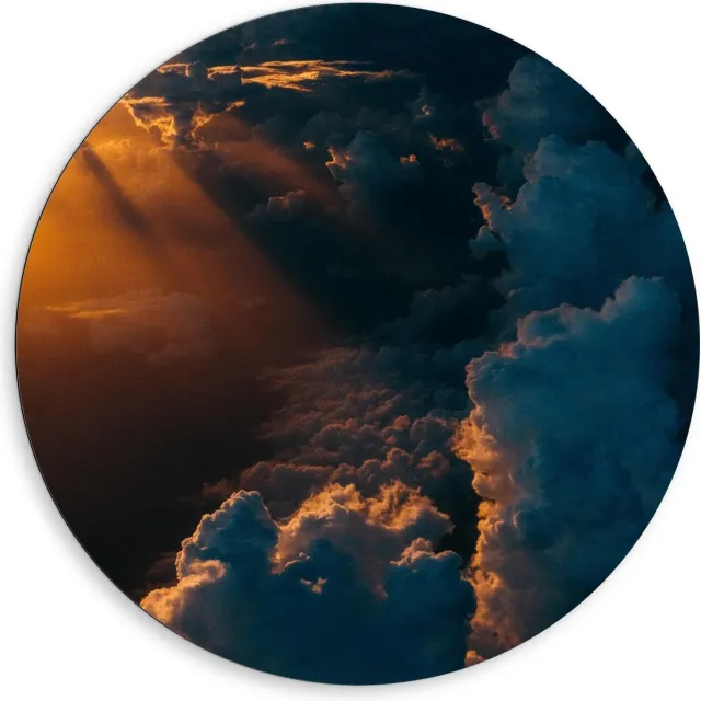 KuijsFotoprint Dibond Wandcirkel - Wolken met Zonnestralen - 80x80cm Foto op Aluminium Wandcirkel (met ophangsysteem) Blauw