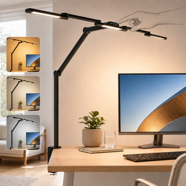 MUPOO 3-Lichts Bureaulamp LED Dimbaar met Klem Ø105 cm - Werklamp met 3 Verstelbare Lichtbalken&6 Draaipunten - Monitor Lamp met Automatische Lichtsensor - Klemlamp - Hobbylamp - Architectenlamp-voor oor Tekenen, Handwerk, Modelbouw en Werkbank Zwart