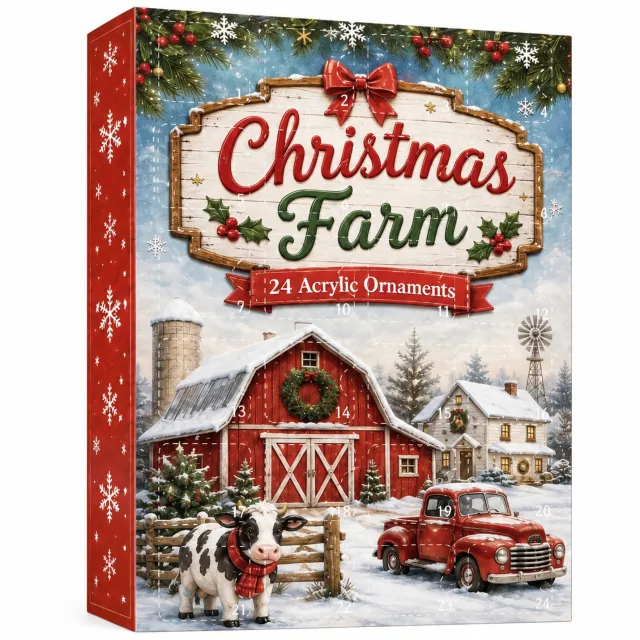 SWGOTA Adventskalender met boerderijthema, 24 acryl hangdecoraties, dieren en boerderijmotieven, in kartonnen doos Rood