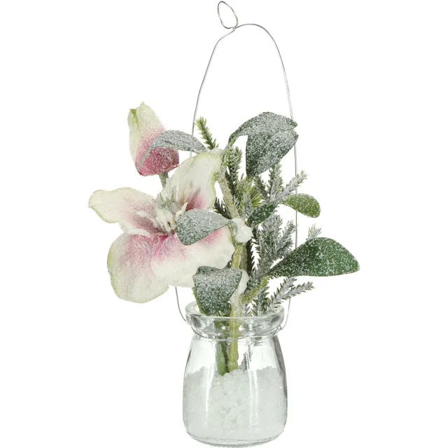 Viana Kunstkerstroos in glas kunstbloemen om op te hangen H22cm wit