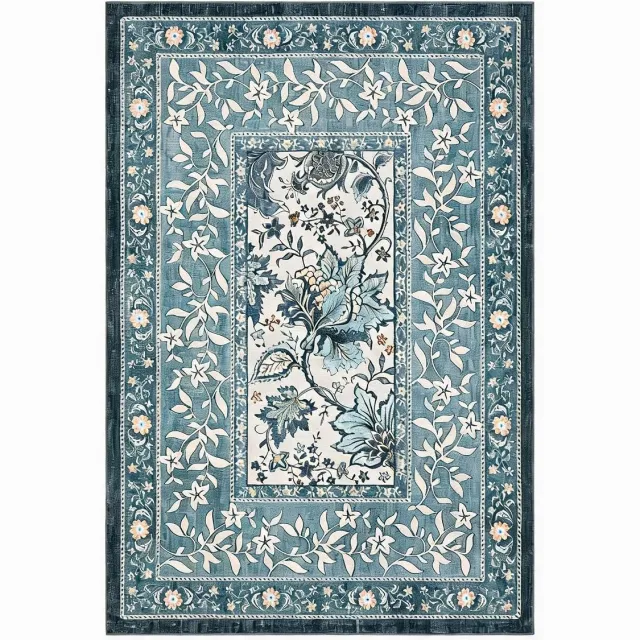 Triumpunpre Washbaar Vloerkleed - Opvouwbaar Printtapijt met bladmotief in landelijke sfeer met Antislip TPR Onderkant - Blauw 200 x 290 cm
