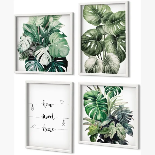 Coloray 4-Delige Schilderij Set - Aquarel Monstera Verlaat Het Fijne Thuis - 40 x 40 En 40 x 60 - Muurdecoratie - Wanddecoratie - Slaapkamer - Decoratieve Schilderijen Witte lijst