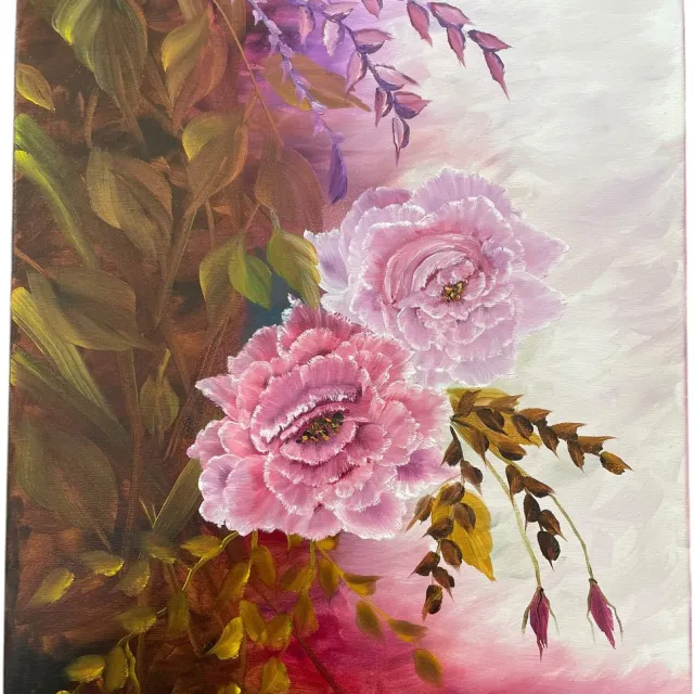 Galerie de voorst Rozen Schilderij – Olieverf Bloemen Schilderij Roze/donkerrood – Handgeschilderd – 40 x 50 cm – Riek van de Bor nr. 2 Roze donkerrood groen bruin paars