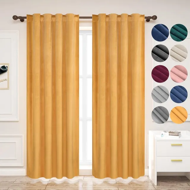 Woltu Fluwelen gordijnen, ondoorzichtig, verduisteringsgordijn met plooiband, thermische gordijnen, 300 g/m², zware fluwelen verduisteringsgordijnen voor slaapkamer en woonkamer, 140 x 270 cm (b x h) mosterd