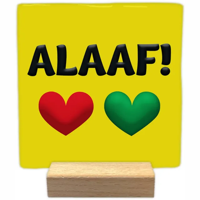 Artige Decoratie tegel met tekst - ALAAF! - keramisch - 10x10 cm - inclusief houder Geel