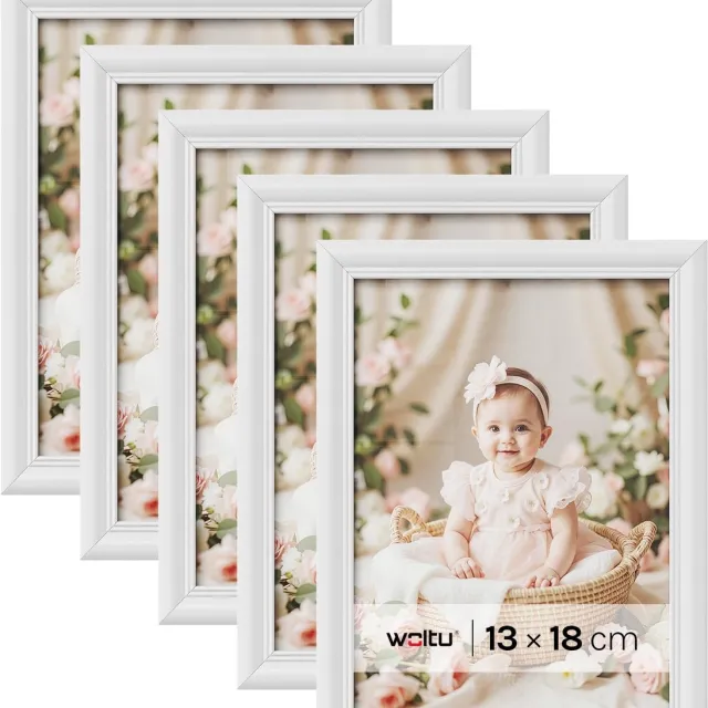 Famanu Set van 5 fotolijstjes in wit, houten en glas, decoratieve fotolijstjes 13x18 cm, ideaal voor thuisdecoratie