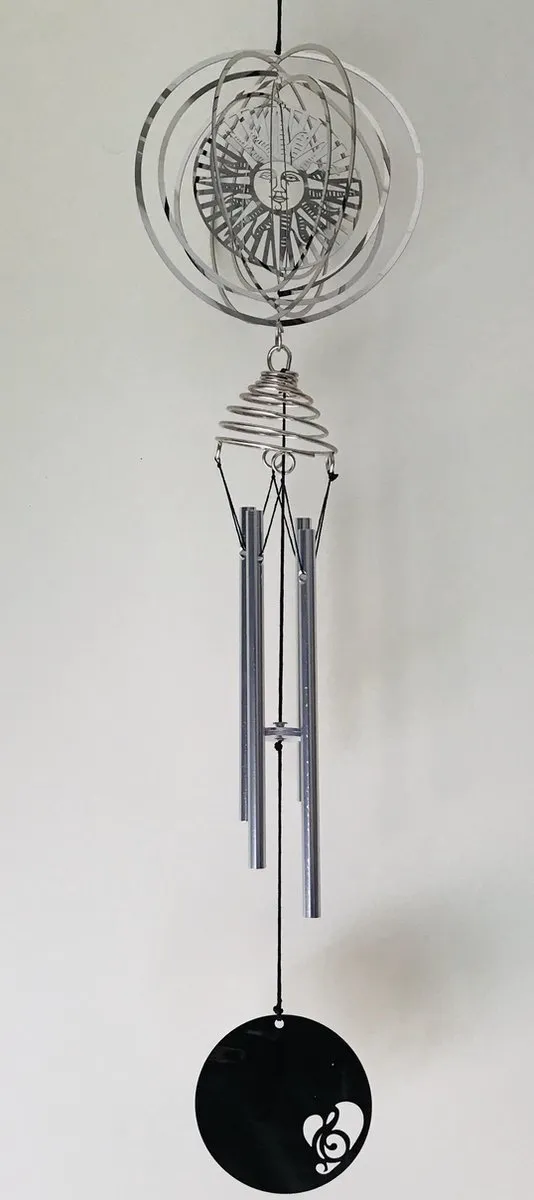 Nature's Melody Windgong Windorgel COSMO SPINNER CHIME SUN FACE ZON 44CM Zilveren