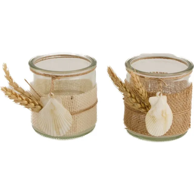 Dijk Natural Collections Waxinelichthouder - Jute en Schelpen - 8x8 cm - Set van 2 Stuks offwhite