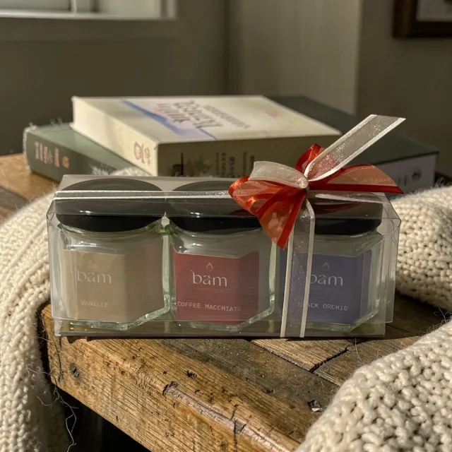 Bam Giftset SWEET – Mini Geurkaarsen Trio blauw gemarmerd