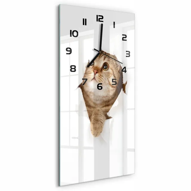 TULUP Wandklok - Kat Decoratieve Glazen Klok - 30x60 cm - Beige Glazen Wandklok Design - Zwarte handen - Rechthoekige Klok - Glazen Klok Met Print - Wandklok Glas Met Motief