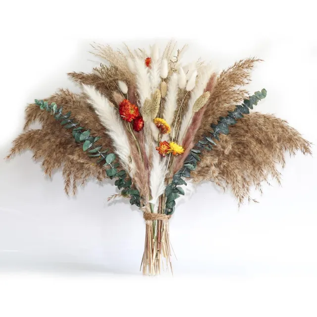Ibenzoa 100-delig Decoratieset van Pampasgras met Eucalyptus en Gedroogde Bloemen voor Stijlvolle Tafeldecoratie in Boho Stijl Bruin