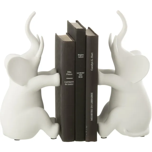 J-Line boekensteun Olifant Zittend - polyresin - wit - set van 2