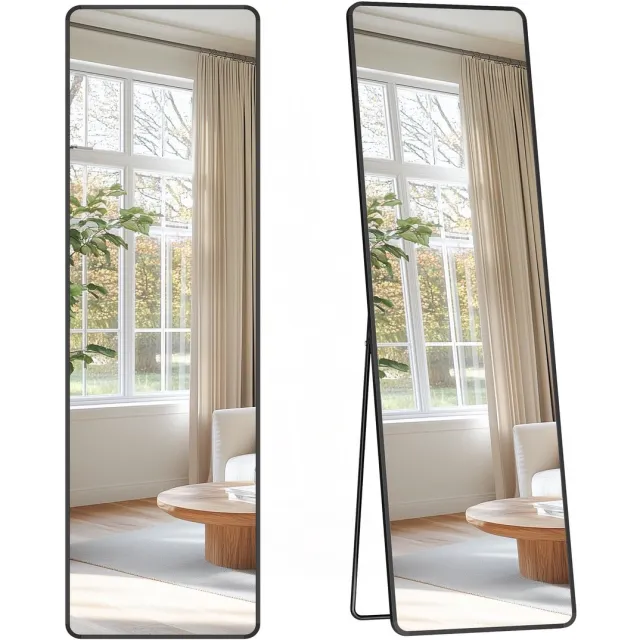Famanu Rechthoekige staande spiegel, 150 x 40 cm, met aluminium frame, ideaal voor in de slaapkamer of hal Zwart