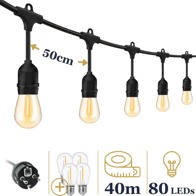 Odaily Lichtsnoer voor Buiten - 40 Meter - 80 LED Lampen - Warm Wit Licht - IP65 - Horecakwaliteit
