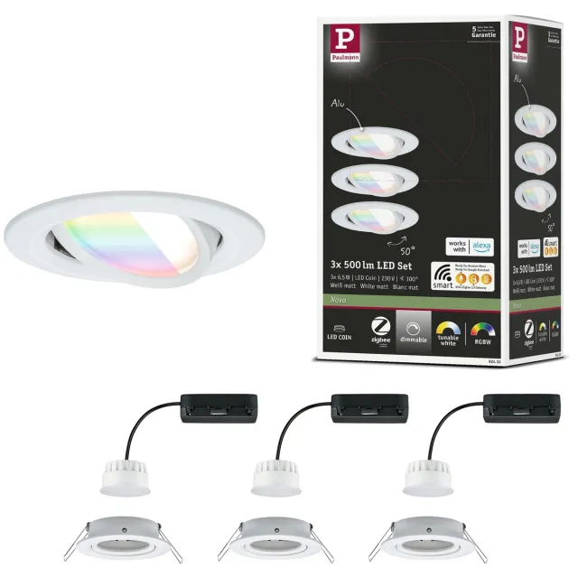 Paulmann LED-inbouwlamp Nova Coin rond 84 mm 50° RGBW+ 3x6W 3x500lm 230V Wit mat Aluminium