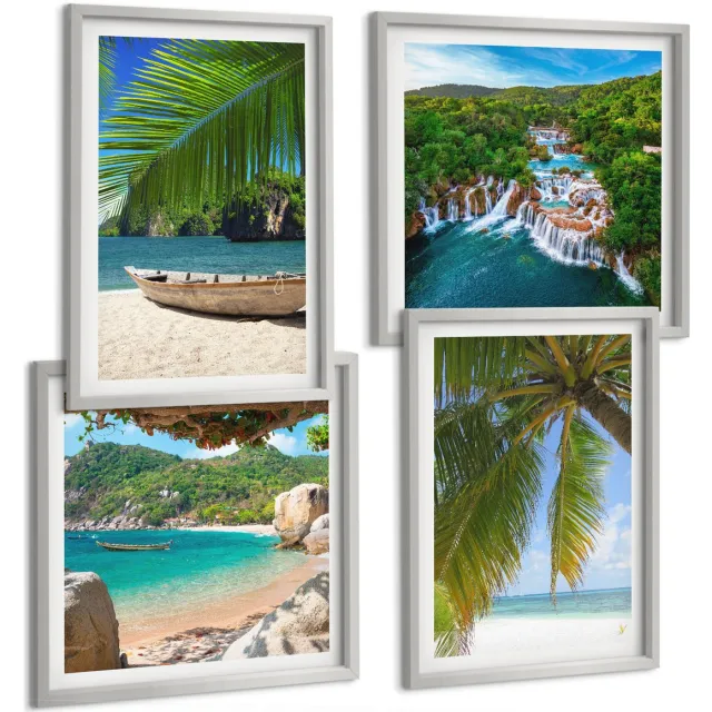 Coloray 4-Delige Schilderij Set - Strand Met Boten, Watervallen En Palmbomen In De Tropen - 40 x 40 cm En 40 x 60 cm - Muurdecoratie - Wanddecoratie - Hal - Stijlvolle Muurdecoratie Zilveren lijst