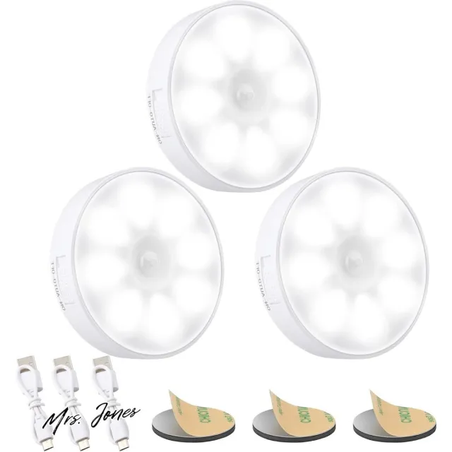 Mrs. Jones Bewegingssensor Licht 8 LED's Oplaadbaar 3 Stuk Nachtlampje 3M/120° Detectiebereik 3 Modi Kastverlichting voor Kast Slaapkamer Trap Hal Verlichting 6000K Koud Wit . multicolor
