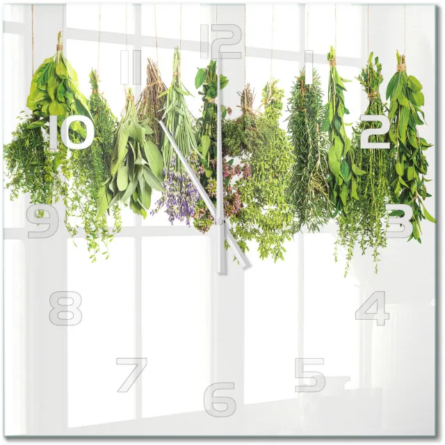 TULUP Wandklok - Kruiden aan een touwtje Wandklok Glas Met Motief - 60x60 cm - Groente Decoratieve Glazen Klok - Witte handen - Vierkante Klok - Gekleurde Glazen Klok - Glazen Klok Met Print