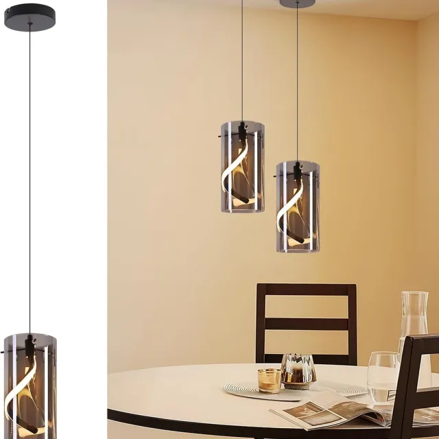 Glitzerlife Hanglampen - 1-lichts - 1xLED - 8W 3000K warm wit - In hoogte verstelbaar - Glas - Ø12cm - Rookgrijs-Zwart - hanglamp eetkamer - hanglamp woonkamer Mat Zwart