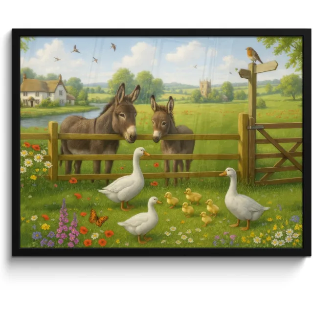 FrameYourWall Poster in lijst - Fotolijst 70x50 cm - Posters - Ezels - Ganzen - Kleurrijk - Posterlijst zwart - Decoratie - Wanddecoratie woonkamer - Muurdecoratie slaapkamer