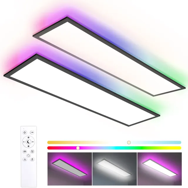 Oraymin LED Plafondlamp 120x30 cm Zwart-RGB Achtergrondverlichting-Dimbaar met Afstandsbediening-Kantoor Woonkamer-Set van 2