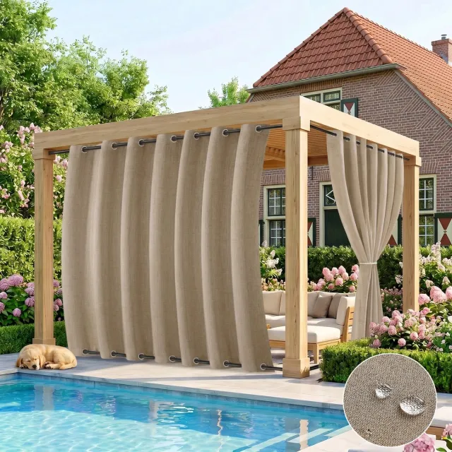 Qelus Buitengordijnen Waterdicht en Winddicht - 254x214 cm - Buitengordijn met Ringen Boven en Onder - Verduisterend Outdoorgordijn voor Overkapping - Zwaar Faux Linnen - Taupe - 1 Stuk