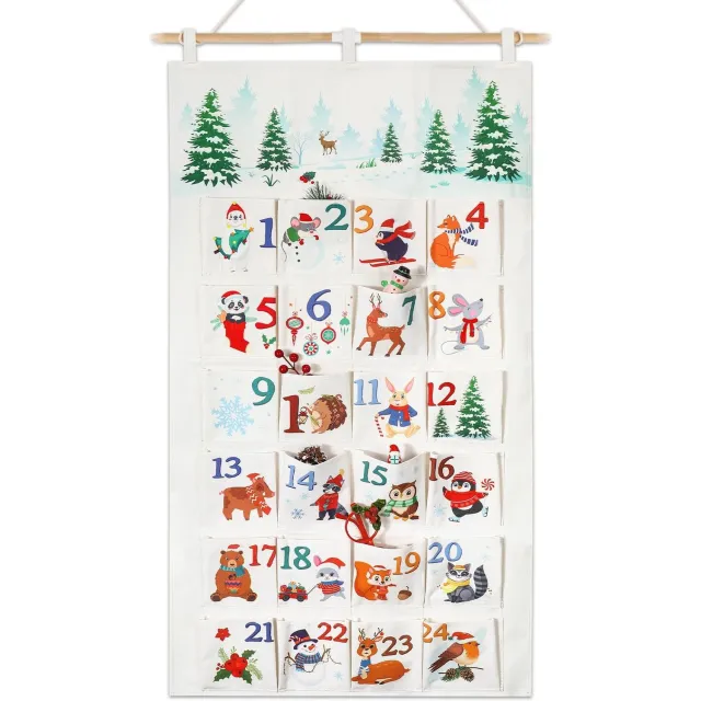 Famanu Herbruikbare adventskalender met 24 zakken en winterdierthema