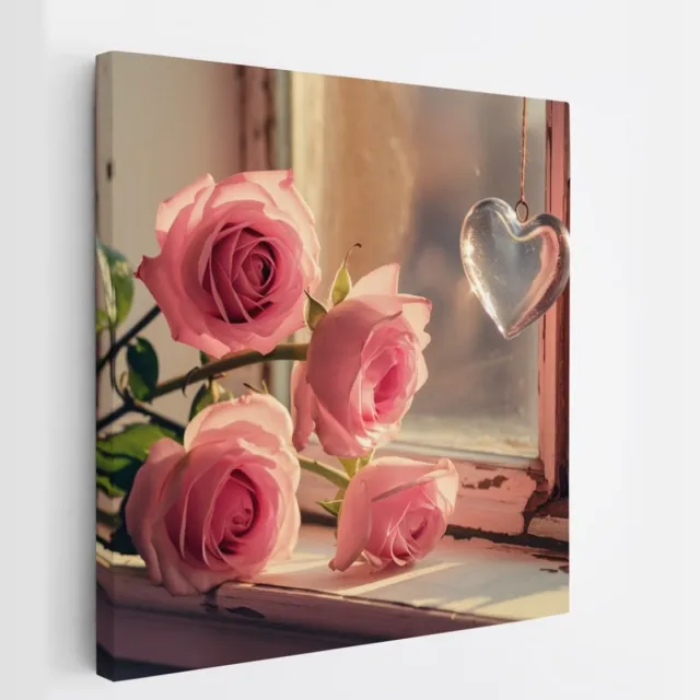 Saammp Canvas Schilderij - Roze Rozen Met Hart - Bloemen - 60x60 - Foto op canvas - Wanddecoratie - Muurdecoratie Woonkamer - Kantoor Decoratie Multicolor