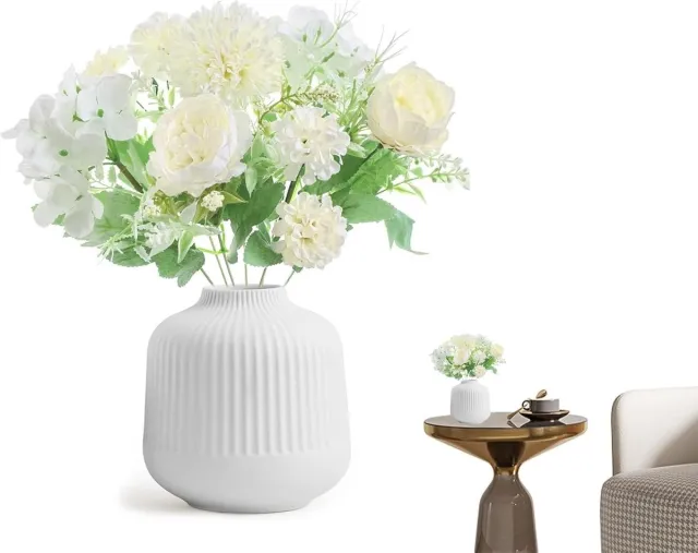 Famanu Kunstbloemen Bloemstukken Zijde Roos Boeketten Decoratie met Keramiek Vaas voor Trouwfeest Tafelstukken Thuis Keuken Decor Black