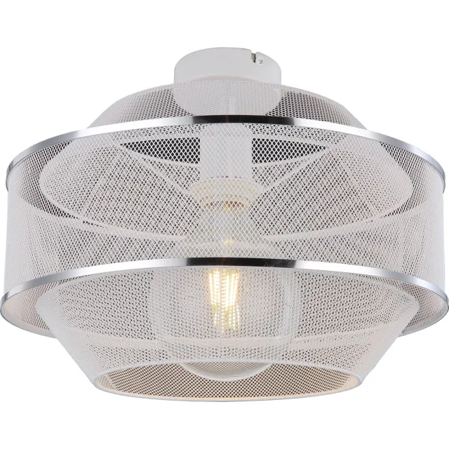 Globo Plafondlamp gaas eetkamer design lamp plafondlamp 1 vlam met twee chromen ringen in raster look, metalen kooi wit, 1x E27 fitting, DxH 27,5x12x21,5 cm Chroom