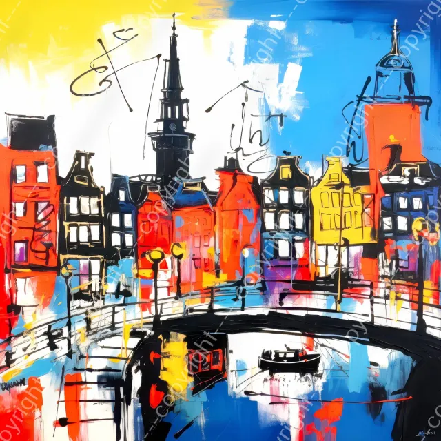 John Joseb Art (Glas) 80x80 | Amsterdam in Herman Brood stijl, abstract, kunst, kleurrijk, felle kleuren | stad, brug, gracht, Nederland, blauw, rood, zwart, geel, wit, vierkant, modern | Foto-schilderij-glasschilderij-acrylglas-acrylaat Acrylglas, dikte 5 mm