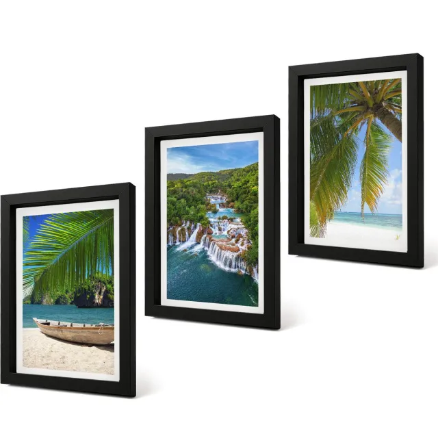 Coloray 4-Delige Schilderij Set - Strand met boten, watervallen en palmbomen in de tropen - 20 x 30 cm - Stijlvolle Wanddecoratie - Interieur - Decoratieve Schilderijen Zwarte lijst