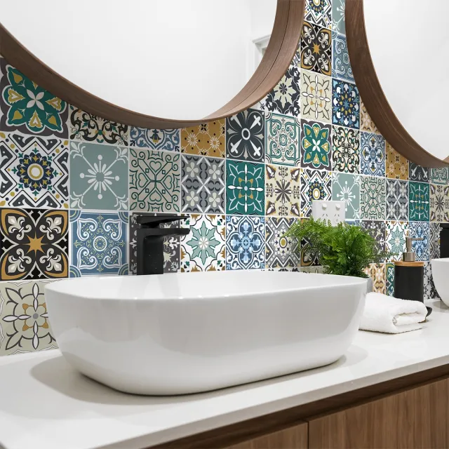 Ambiance Sticker Zelfklevende tegelmuurstickers voor keuken en badkamer - 24 cementtegelstickers, Azulejos Mondelo - 24 stickers, 20x20cm Multi color