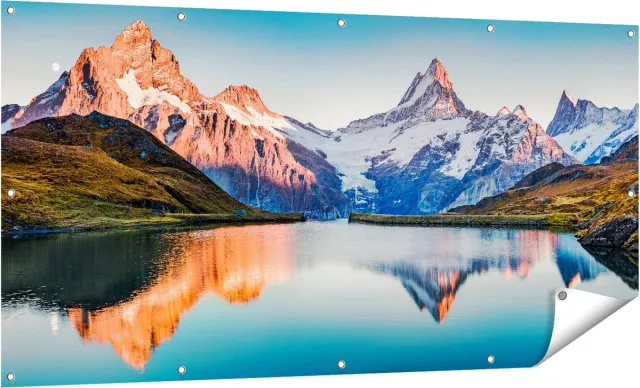 Gards Tuinposter Bergen Landschap bij het Meer - 160x80 cm - Tuindoek - Tuindecoratie - Wanddecoratie buiten - Tuinschilderij Multikleur