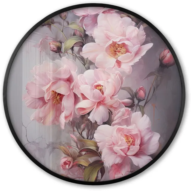 FrameYourWall Poster in lijst Rond - Fotolijst 80x80 cm - Posters - Rozen - Bloemen - Roze - Kunst - Watercolor - Ronde posterlijst zwart - Decoratie - Wanddecoratie woonkamer - Muurdecoratie slaapkamer