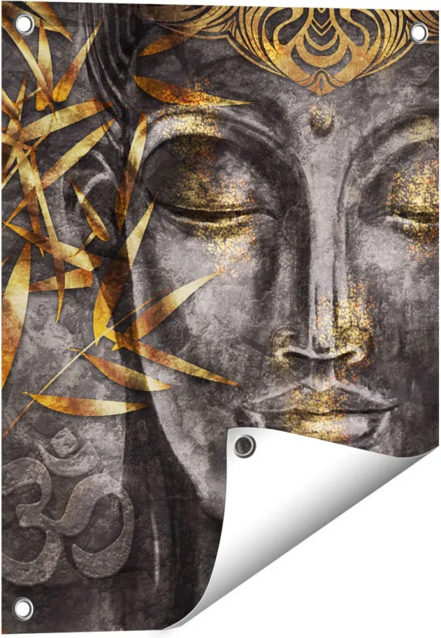 Gards Tuinposter Gouden Boeddha van Aquarel - Abstract - 40x50 cm - Tuindoek - Tuindecoratie - Wanddecoratie buiten - Tuinschilderij Multikleur