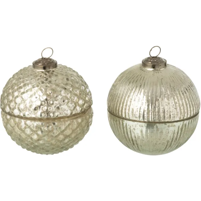 J-Line geurkaars Kerstbal - glas - zilver - small - 2 stuks
