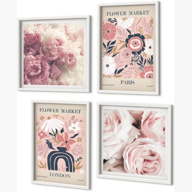 Coloray 4-Delige Schilderij Set - Bloemmotieven Rozen Pioenrozen Londen Parijs - 40 x 40 En 40 x 60 - Muurdecoratie - Decoratieve Schilderijen - Wohnzimmer - Woonkamer Decoratie Witte lijst