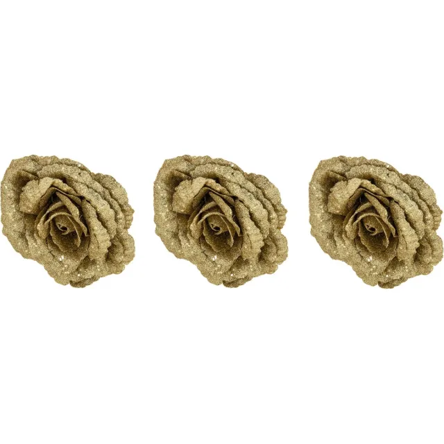 Cosy & Trendy Roos op clip - 6x stuks - goud glitter - 18 cm - decoratiebloem - kerstversiering Goudkleurig