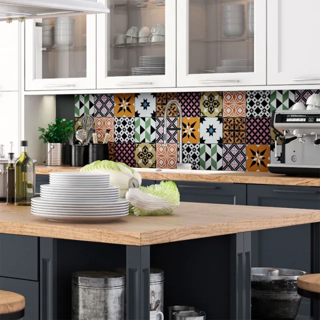 Ambiance Sticker Zelfklevende tegelmuurstickers voor keuken en badkamer - 9 Estrala Azulejos cementtegelstickers - 9 stickers 20x20cm Multi color