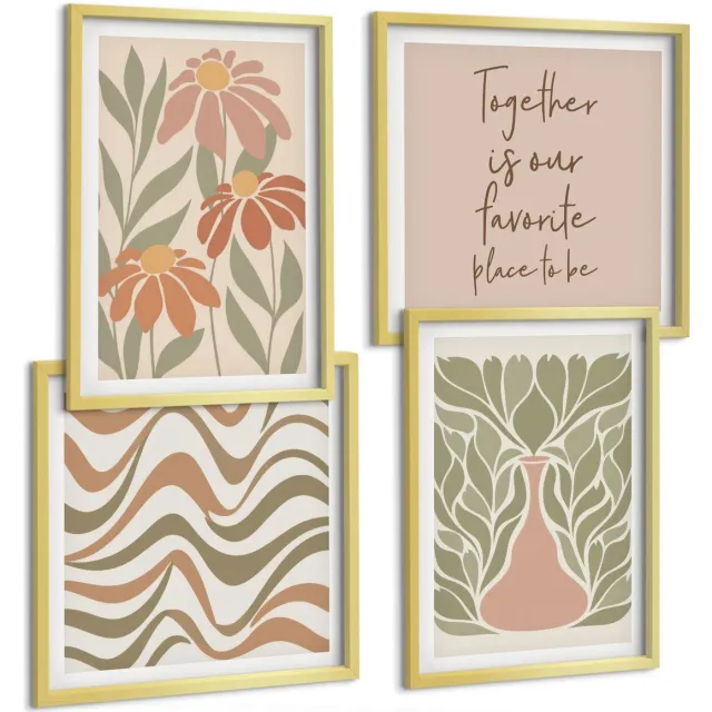 TULUP 4-Delige Schilderij Set - Pastelkleurige bloemenillustraties Abstracte belettering - 40 x 40 cm en 40 x 60 cm - Stijlvolle Muurdecoratie - Kantoor - Decoratieve Schilderijen Gouden lijst