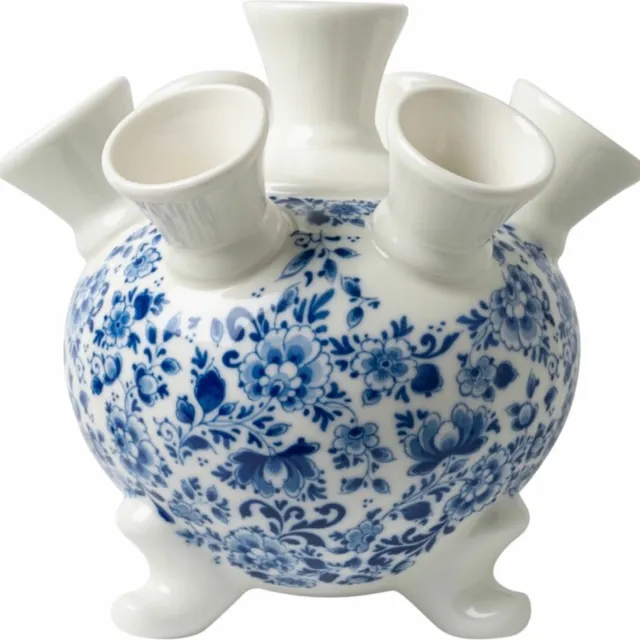Heinen Delfts Blauw Tulpenvaas op pootjes - Sierlijke bloem - Keramiek - 17 cm Delfts blauw