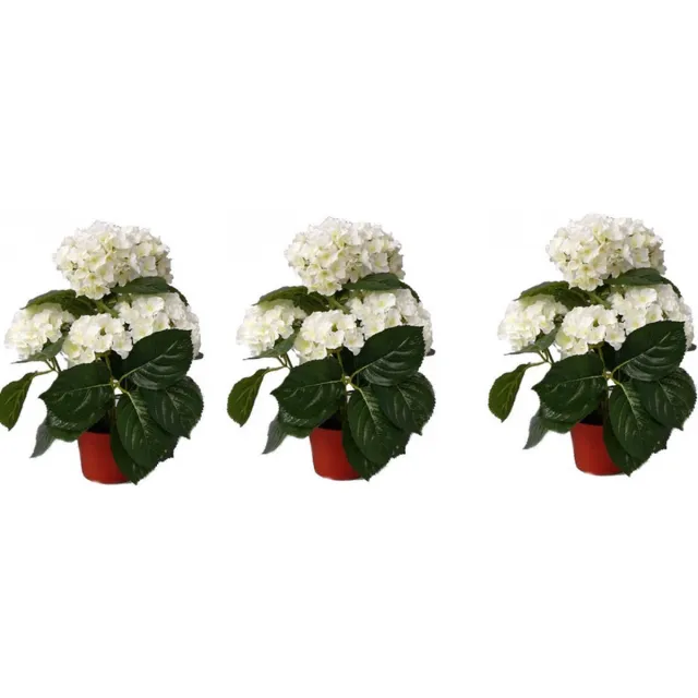 Bellatio Flowers & Plants Topart kunstplant met bloemen - 3x stuks - Hortensia - wit - H36 cm - Dia 10 cm - Bloemetjes - Hydrangea