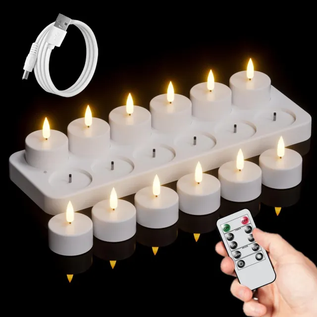Flintry Oplaadbare Waxinelichtjes - Set van 12 - Met Afstandsbediening & Timer - Inclusief Oplaadstation - LED Waxinelichtjes - Oplaadbare Theelichtjes - Realistische Flikkerende Vlam - LED Kaarsen - Nep Kaarsen Warm Wit Licht